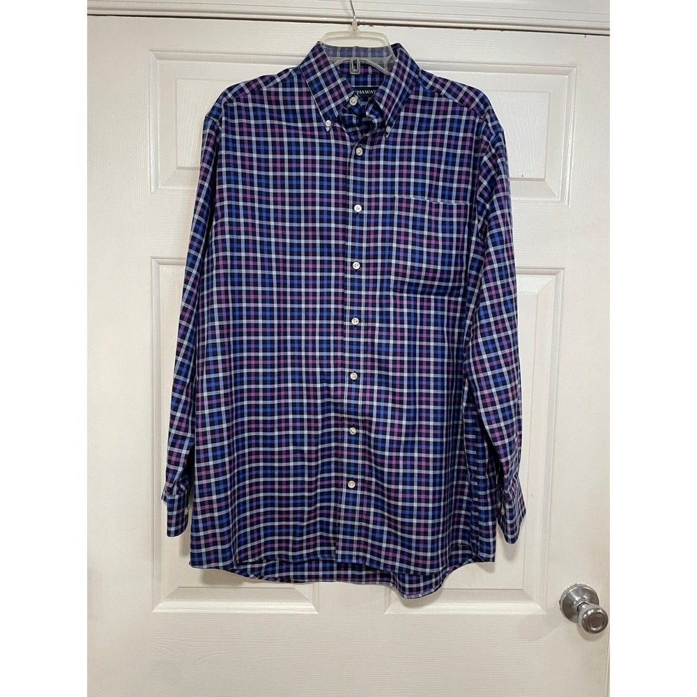 Hathaway Mens M Button Down Collar Shirt Blue Purple Plaid‎ Non Iron Long Sleeve